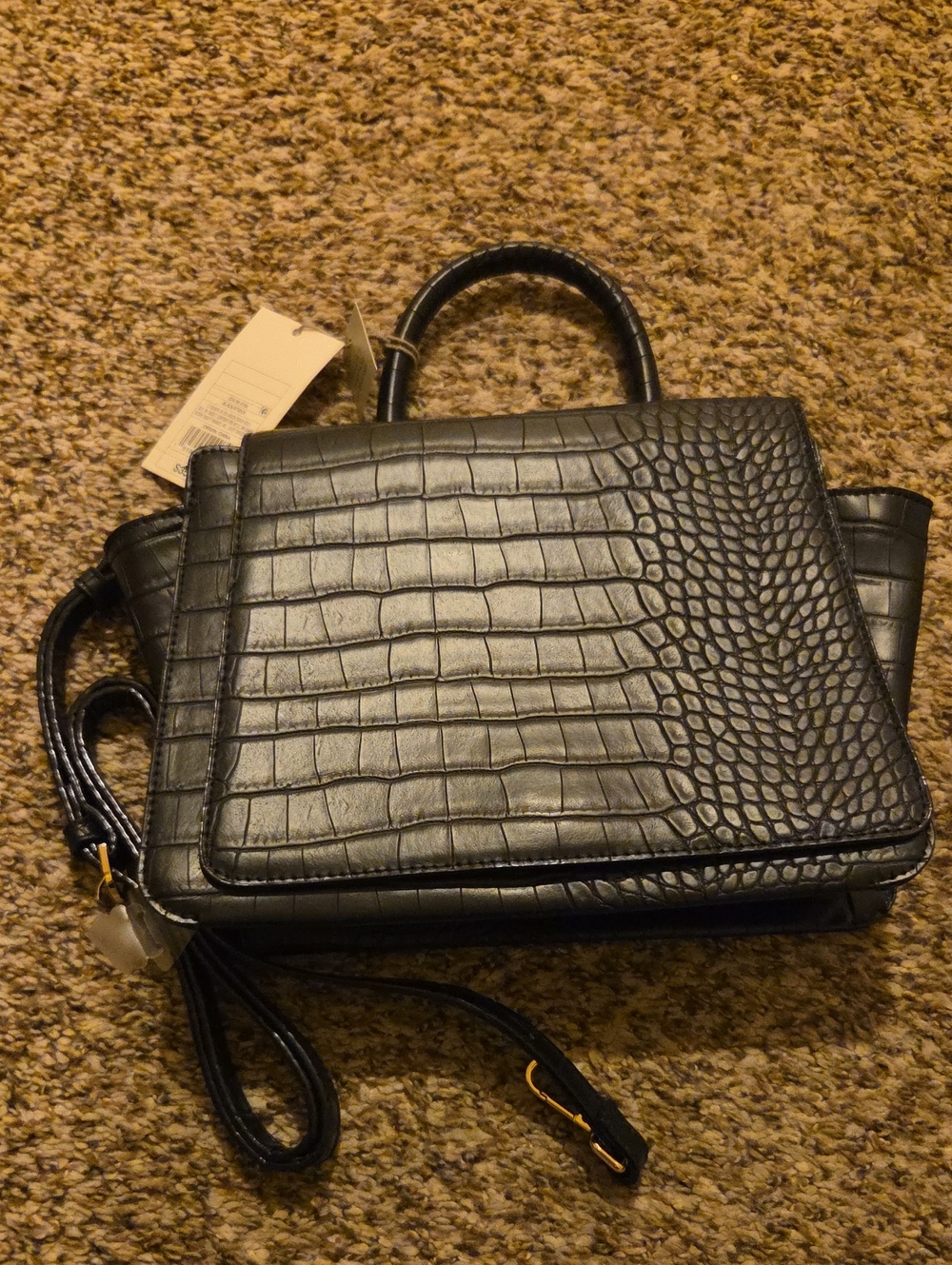 Men's Black Croc-Embossed Leather Handbag - Versatile Carry